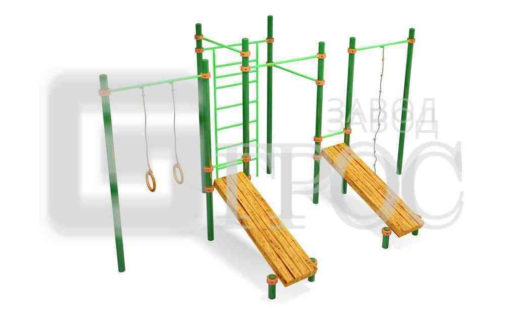 Комплекс воркаут три турника, шведская стенка, кольца, канат и две скамьи для пресса - картинка для сайта о Кирове